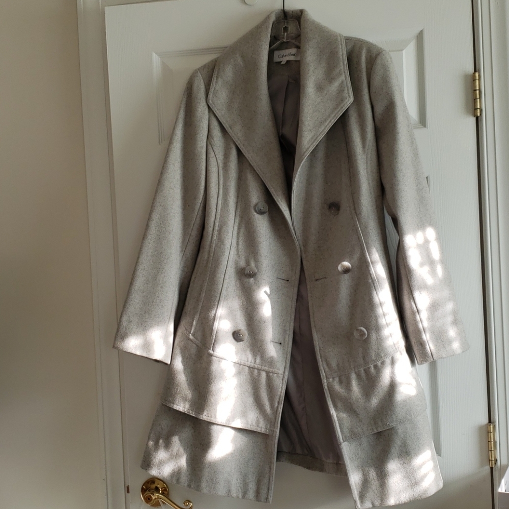 Calvin Klein Sz 12 Grey Double Hem Coat w/Belt
